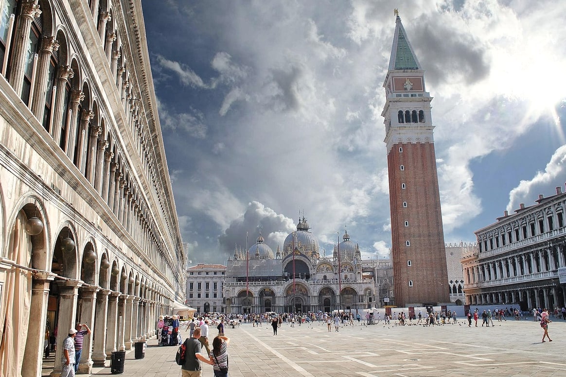 The facade of St. Mark's Basilica and the square in Venice